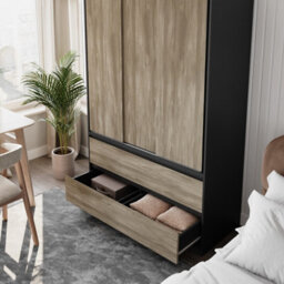 Urbn-Living Urbnliving 180Cm Height Black Carcass 3 Sliding Oak Door With 4 Oak Drawer Wardrobe Clothes Storage Hanging Rail Bedroom - thumbnail 5