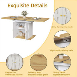 Abrihome Extendable Dining Table With Relief Pattern - For Kitchen & Living Room, Wood Veneer Finish, Size 110X70X76.5Cm (Extends To 140Cm) - thumbnail 2