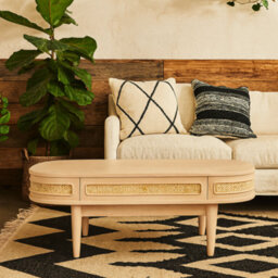 Wyld Haus Chicago Cane Rattan Coffee Table, Natural Mango Wood, Oval, 1 Drawer