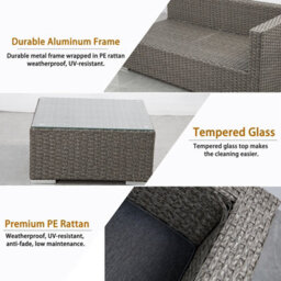 Rattan Garden Corner Sofa Set, 3 Piece Corner Garden Lounge Set With 10Cm Cushion, Tempered Glass Table - Fully Assembled - Gray - thumbnail 2