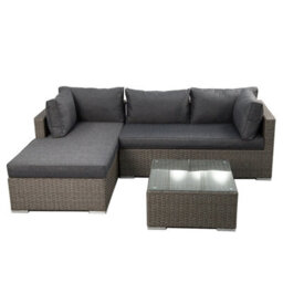Rattan Garden Corner Sofa Set, 3 Piece Corner Garden Lounge Set With 10Cm Cushion, Tempered Glass Table - Fully Assembled - Gray - thumbnail 1
