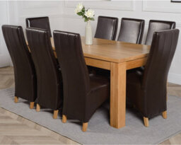 That's Furniture Dakota 182 X 92 Cm Chunky Oak Large Dining Table And 8 Chairs Dining Set With Lola Brown Leather Chairs