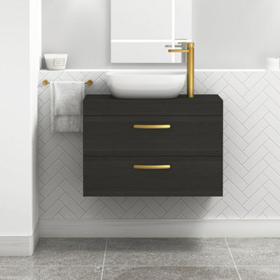 Royal Bathrooms 800mm Wall Hung Vanity Unit 2 Drawer Hale Black & Elva Countertop Basin With Brushed Brass Handle - image 1