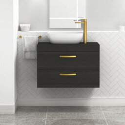 Royal Bathrooms 800mm Wall Hung Vanity Unit 2 Drawer Hale Black & Elva Countertop Basin With Brushed Brass Handle - thumbnail 1
