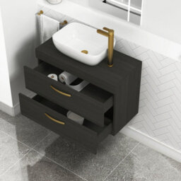 Royal Bathrooms 800mm Wall Hung Vanity Unit 2 Drawer Hale Black & Elva Countertop Basin With Brushed Brass Handle - thumbnail 3