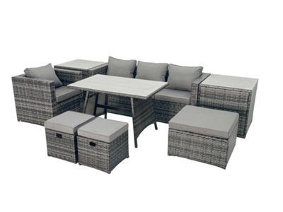 Fimous Rattan Dining Table Sofa Armchair Set With 2 Side Tables 3 Footstools Outdoor Garden Furniture Set Dark Grey Mixed - image 1