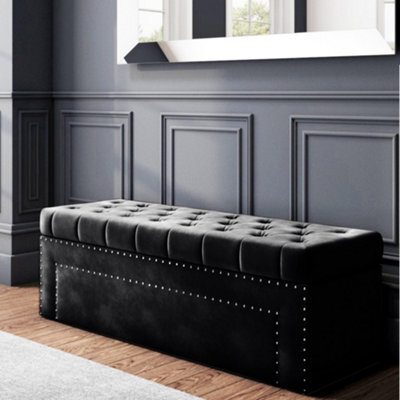 180Cm Duke Ottoman Storage Box -Upholstered Blanket Box - Black Plush Velvet Multifunctional Storage Box - image 1