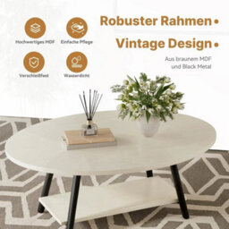 Modern White Elliptical 2-Tier Coffee Table With Storage Shelf & Metal Frame - thumbnail 3