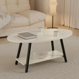 Modern White Elliptical 2-Tier Coffee Table With Storage Shelf & Metal Frame - thumbnail 6