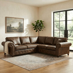 Gamzo Outlet Corner Sofa Full Back Leather Couch With Strong Wooden Frame And Padded Curved Arms - thumbnail 1