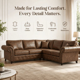 Gamzo Outlet Corner Sofa Full Back Leather Couch With Strong Wooden Frame And Padded Curved Arms - thumbnail 2