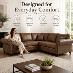 Gamzo Outlet Corner Sofa Full Back Leather Couch With Strong Wooden Frame And Padded Curved Arms - thumbnail 3