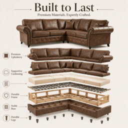 Gamzo Outlet Corner Sofa Full Back Leather Couch With Strong Wooden Frame And Padded Curved Arms - thumbnail 5
