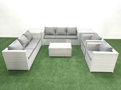Fimous Outdoor Rattan Sofa Garden Furniture Set 2 Armchairs Oblong Coffee Table 2 Side Tables Light Grey - image 1