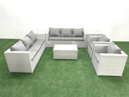 Fimous Outdoor Rattan Sofa Garden Furniture Set 2 Armchairs Oblong Coffee Table 2 Side Tables Light Grey - thumbnail 2