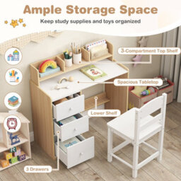 Costway Kids Study Desk And Chair Set Children Writing Desk W/ Hutch-Natural - thumbnail 9