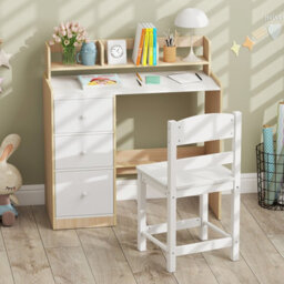 Costway Kids Study Desk And Chair Set Children Writing Desk W/ Hutch-Natural - thumbnail 6
