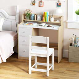 Costway Kids Study Desk And Chair Set Children Writing Desk W/ Hutch-Natural