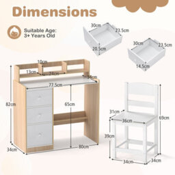 Costway Kids Study Desk And Chair Set Children Writing Desk W/ Hutch-Natural - thumbnail 2