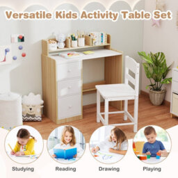 Costway Kids Study Desk And Chair Set Children Writing Desk W/ Hutch-Natural - thumbnail 7