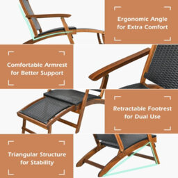 Costway Folding Acacia Wood Lounge Chair With Retractable Footrest - thumbnail 5