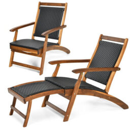 Costway Folding Acacia Wood Lounge Chair With Retractable Footrest - thumbnail 1
