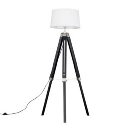 Valuelights Clipper Modern Black Wood And Silver Chrome Tripod Floor Lamp With White Tapered Shade