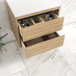 Royal Bathrooms Orion 600mm Natural Oak Wall Hung Plain White Countertop Vanity Unit 2 Drawer With Art Basin & Black Accent Trim - thumbnail 4