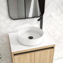 Royal Bathrooms Orion 600mm Natural Oak Wall Hung Plain White Countertop Vanity Unit 2 Drawer With Art Basin & Black Accent Trim - thumbnail 5