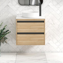 Royal Bathrooms Orion 600mm Natural Oak Wall Hung Plain White Countertop Vanity Unit 2 Drawer With Art Basin & Black Accent Trim - thumbnail 2