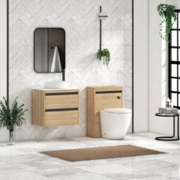 Royal Bathrooms Orion 600mm Natural Oak Wall Hung Plain White Countertop Vanity Unit 2 Drawer With Art Basin & Black Accent Trim - thumbnail 3