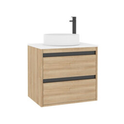 Royal Bathrooms Orion 600mm Natural Oak Wall Hung Plain White Countertop Vanity Unit 2 Drawer With Art Basin & Black Accent Trim - thumbnail 6