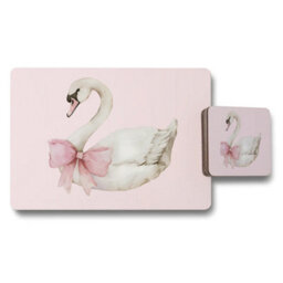 Benjamin Tate Design Swan Motif Placemat And Coaster Set In Pink Palette With Wood Base High End Print Exclusive Design