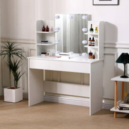 Living And Home White Mdf Modern Hollywood Vanity Desk With Lighted Mirror - thumbnail 1