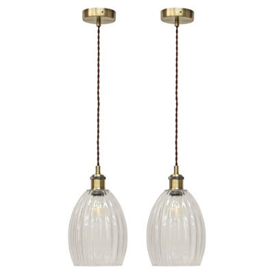 First Choice Lighting Set Of 2 Birch - Clear Fluted Glass Antique Brass Retro Pendants - image 1