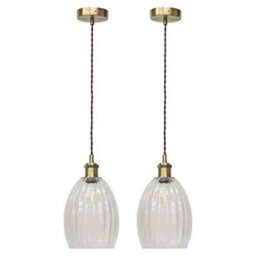 First Choice Lighting Set Of 2 Birch - Clear Fluted Glass Antique Brass Retro Pendants - thumbnail 1