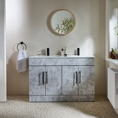 Homestylestore 1210mm Concrete Grey Floorstanding Bathroom Vanity Unit Double Basin And Black T Bar Handle - image 1