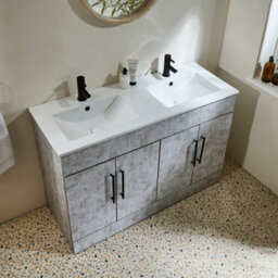 Homestylestore 1210mm Concrete Grey Floorstanding Bathroom Vanity Unit Double Basin And Black T Bar Handle - thumbnail 3