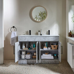 Homestylestore 1210mm Concrete Grey Floorstanding Bathroom Vanity Unit Double Basin And Black T Bar Handle - thumbnail 2