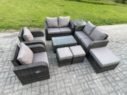 Fimous 9 Seater Rattan Garden Furniture Set Patio Outdoor Lounge Sofa Set With Rectangular Coffee Table 3 Footstools Side Table - thumbnail 2