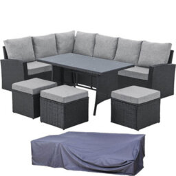 Evre 9 Seat Marylin Corner Sofa & Dining Rattan Furniture For Indoor Outdoor Patios  Black With Cover