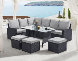 Evre 9 Seat Marylin Corner Sofa & Dining Rattan Furniture For Indoor Outdoor Patios  Black With Cover - thumbnail 3
