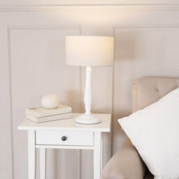 Valuelights Victoria Traditional White Wood Candlestick Table Lamp With Natural Drum Shade