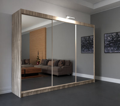 RAC3 Sliding Wardrobe Led Mirror Space Saving Bedroom Wardrobe, Contemporary Bedroom Sliding Wardrobe & Mirror Wardrobe (Oak 250Cm) - image 1