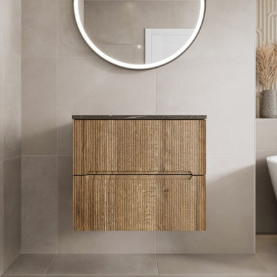 Affine 600mm Bathroom Vanity Unit Grey Marble Countertop Wall Hung Fluted Oak Unit - image 1