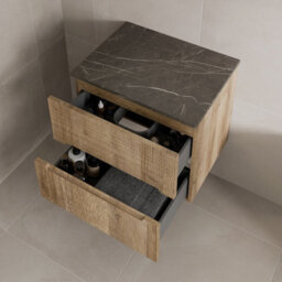 Affine 600mm Bathroom Vanity Unit Grey Marble Countertop Wall Hung Fluted Oak Unit - thumbnail 3