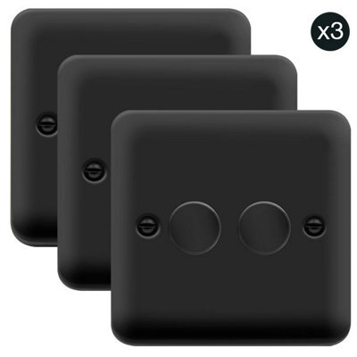3 Pack - Curved Matt Black 2 Gang 2 Way Led 100W Trailing Edge Dimmer Light Switch - Se Home