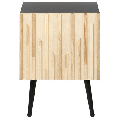 Wyld And Coco Modern Bedside Table With Solid Rubberwood Door And Iron Legs, Black Melamine Frame, Brown Finish - image 1
