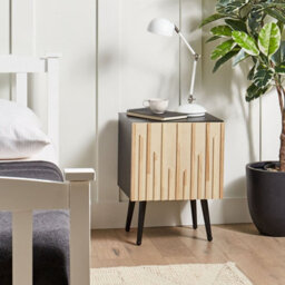 Wyld And Coco Modern Bedside Table With Solid Rubberwood Door And Iron Legs, Black Melamine Frame, Brown Finish - thumbnail 2