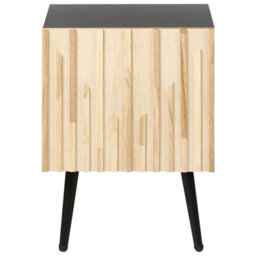 Wyld And Coco Modern Bedside Table With Solid Rubberwood Door And Iron Legs, Black Melamine Frame, Brown Finish - thumbnail 1